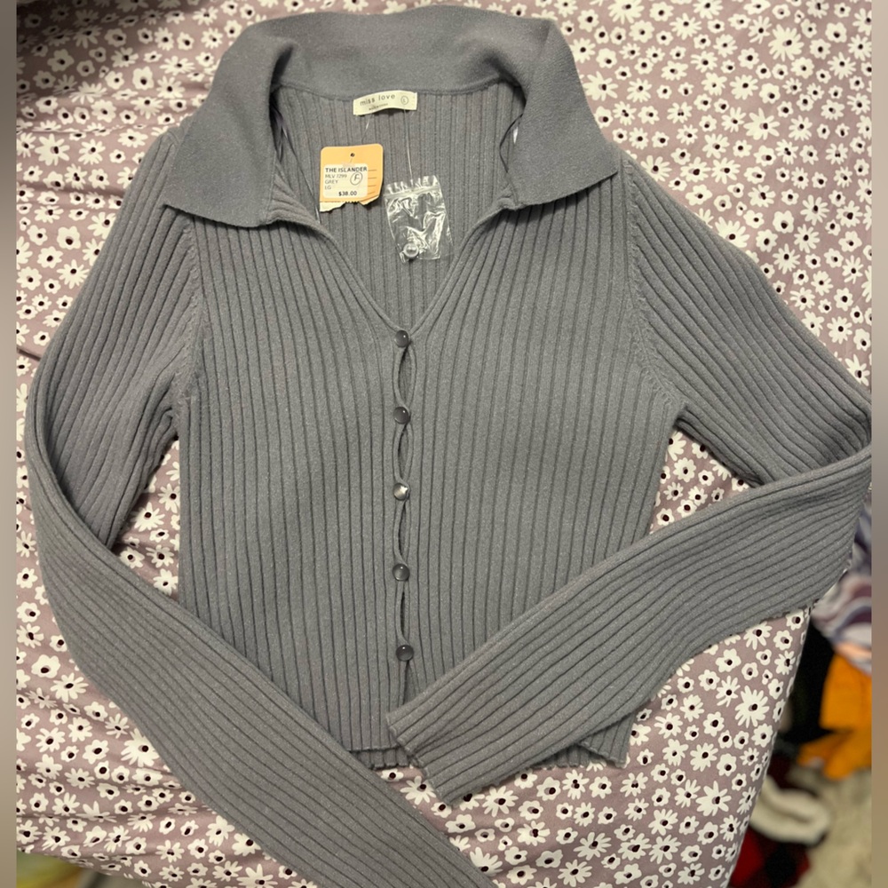 Gray Ribbed Cardigan Sweater